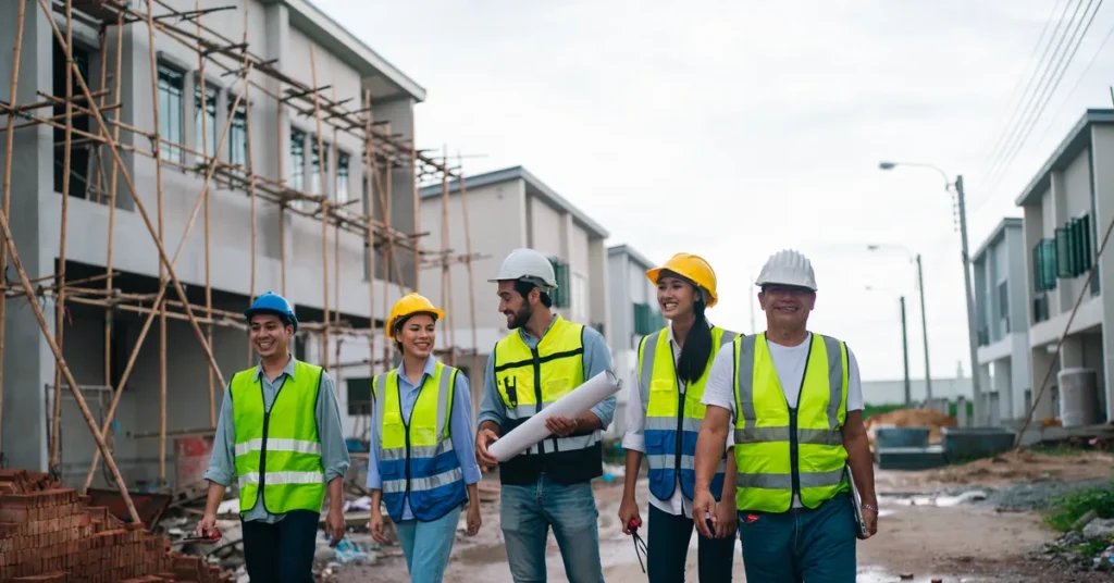 Pracownicy w kaskach i kamizelkach odblaskowych idą przez plac budowy – szkolenie okresowe BHP dla stanowisk robotniczych