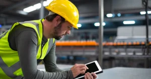 Pracownik w kasku podpisuje elektroniczną kartę szkolenia wstępnego BHP na tablecie