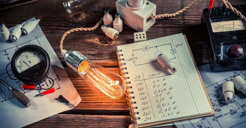 Notatki ze schematami, żarówka, mierniki i elementy instalacji elektrycznej – materiały szkoleniowe do szkoleń SEP